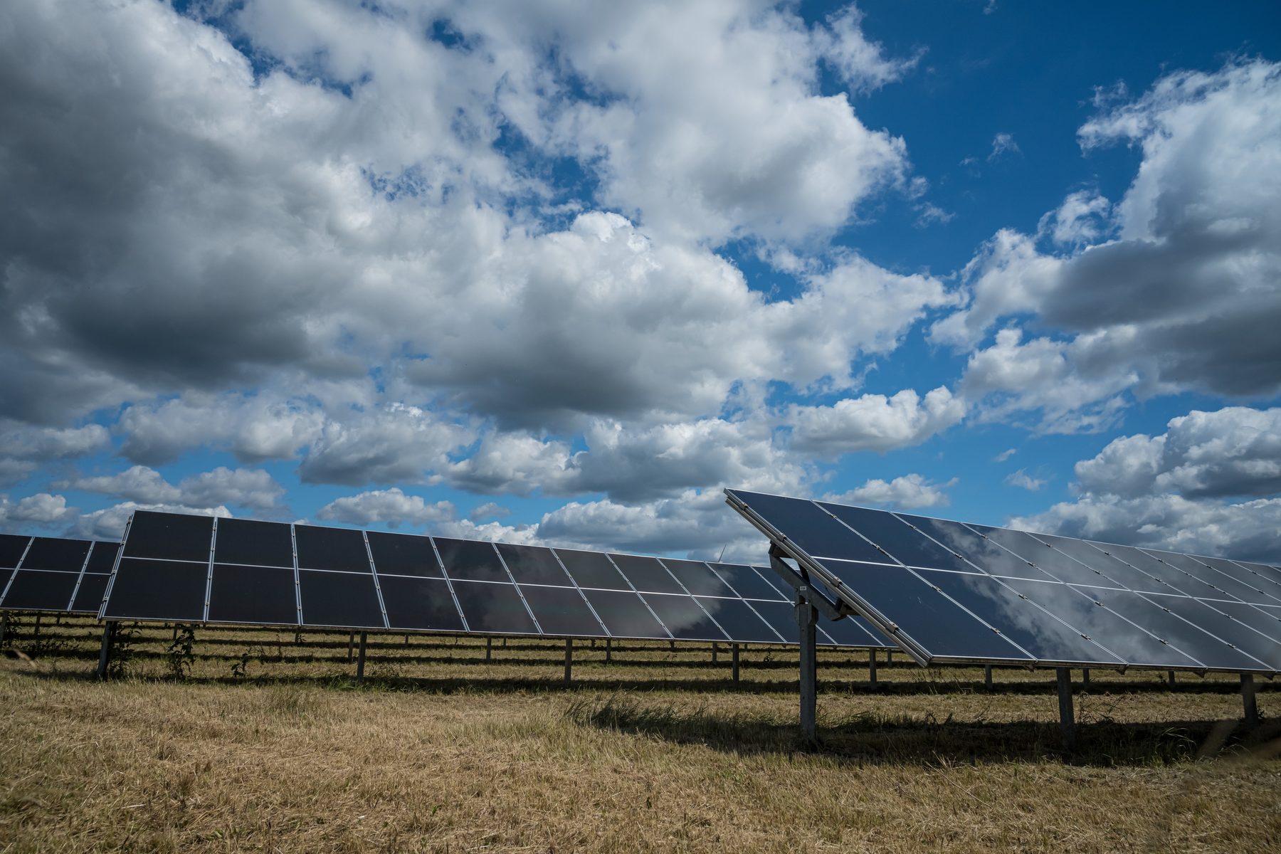 Large ground-mounted solar panel array under a bright cloudy sky